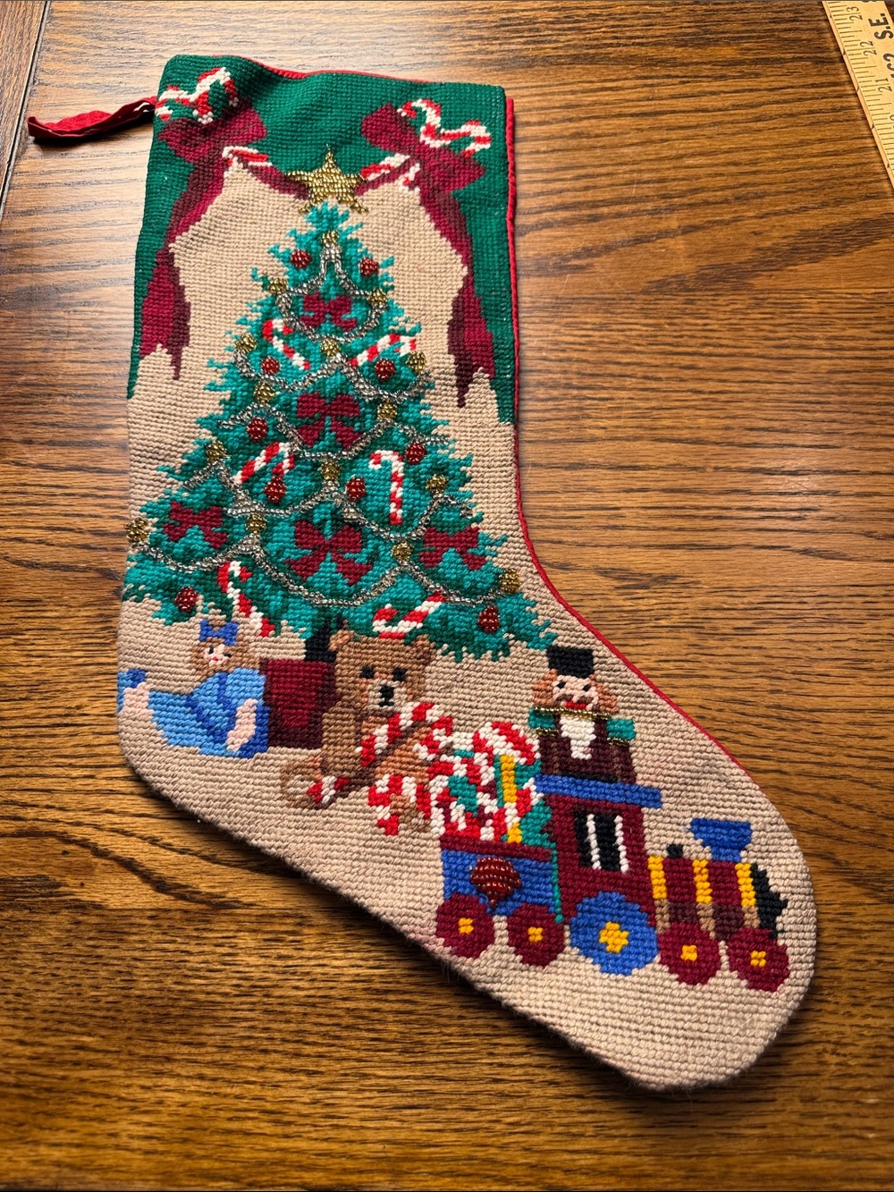Needlepoint Christmas Stocking Beaded Tree Toy Train Teddy Bear Traditional